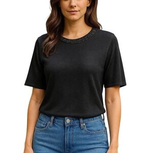 Silver Stone Black Short‎ Sleeve Sweater with Embellished Neckline XL